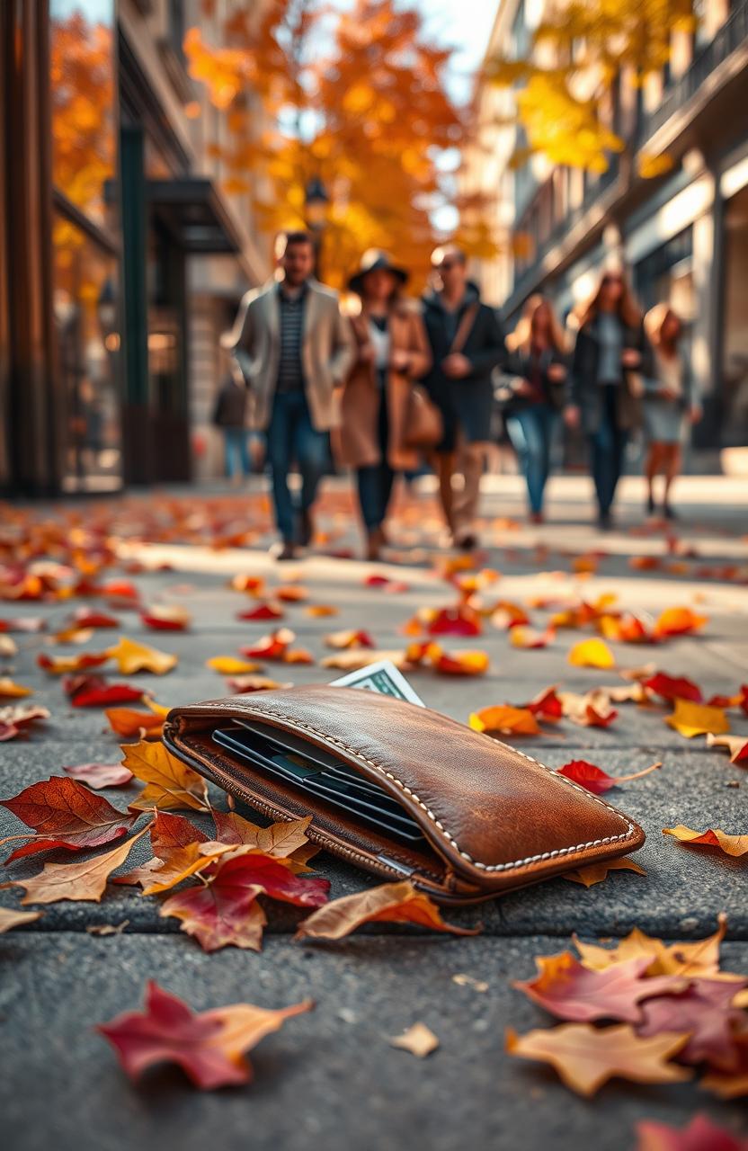A visually striking scene depicting a lost wallet lying on a vibrant city sidewalk, surrounded by colorful autumn leaves