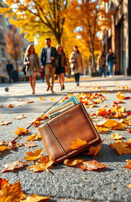A visually striking scene depicting a lost wallet lying on a vibrant city sidewalk, surrounded by colorful autumn leaves