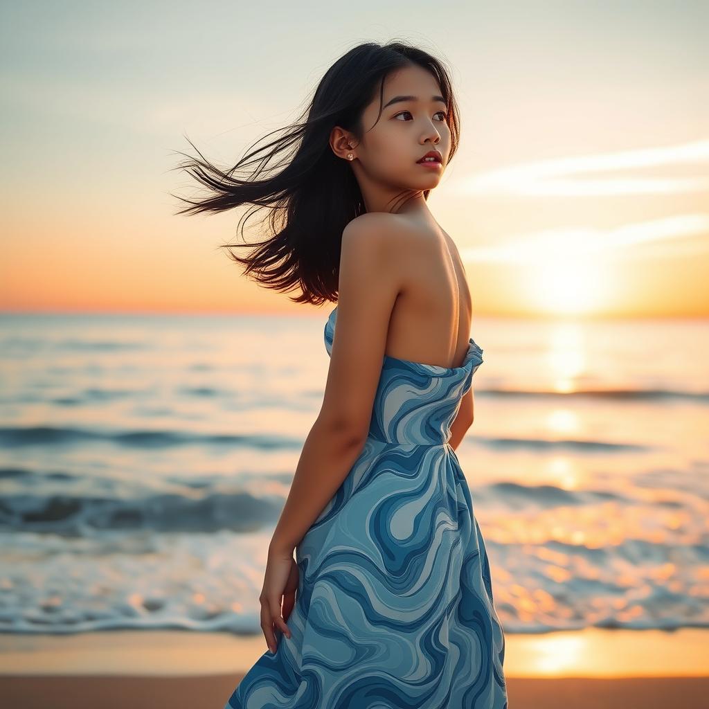 A girl with flowing loose black hair gazing contemplatively at the vast sea, her outfit elegantly inspired by the waves of the ocean