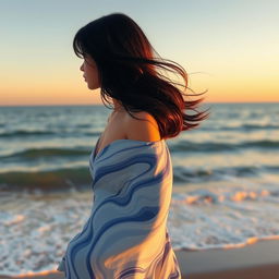 A girl with flowing loose black hair gazing contemplatively at the vast sea, her outfit elegantly inspired by the waves of the ocean