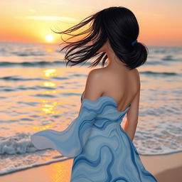 A girl with flowing loose black hair gazing contemplatively at the vast sea, her outfit elegantly inspired by the waves of the ocean
