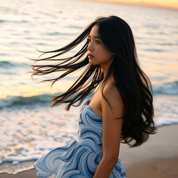 A girl with flowing loose black hair gazing contemplatively at the vast sea, her outfit elegantly inspired by the waves of the ocean