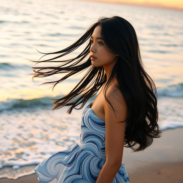 A girl with flowing loose black hair gazing contemplatively at the vast sea, her outfit elegantly inspired by the waves of the ocean