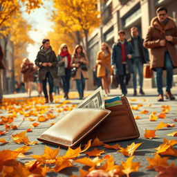 A dramatic and eye-catching illustration of a lost wallet on a bustling city sidewalk, surrounded by a flurry of colorful autumn leaves