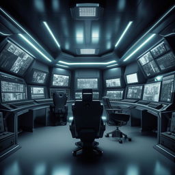 futuristic penitentiary control room  with chair and audio gear based on https://files.dreamhome.software/files/static/36651