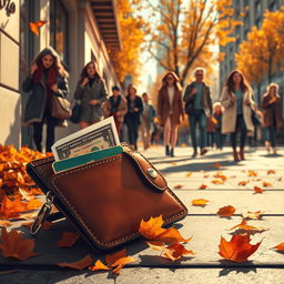 A dramatic and eye-catching illustration of a lost wallet on a bustling city sidewalk, surrounded by a flurry of colorful autumn leaves