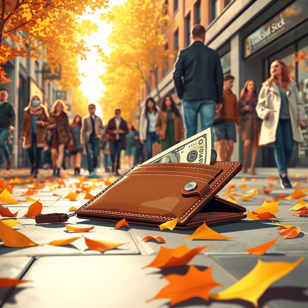 A dramatic and eye-catching illustration of a lost wallet on a bustling city sidewalk, surrounded by a flurry of colorful autumn leaves