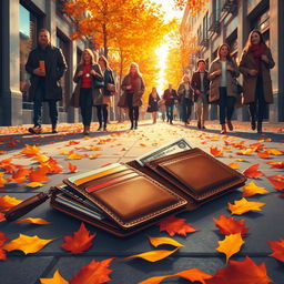 A dramatic and eye-catching illustration of a lost wallet on a bustling city sidewalk, surrounded by a flurry of colorful autumn leaves