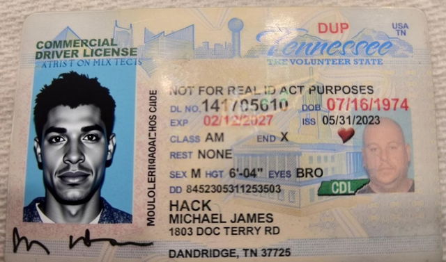 A commercial driver license from Tennessee, featuring a new photo of a bald man with a slight beard, smiling confidently