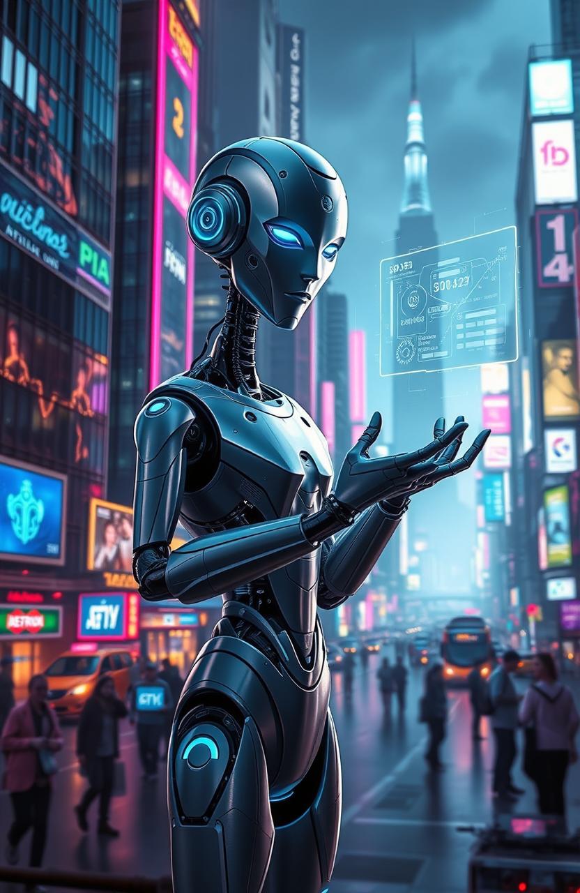 An imaginative concept of artificial intelligence depicted as a futuristic humanoid robot, with elegant, sleek metallic features and glowing blue circuitry, set against a vibrant cyberpunk cityscape at night