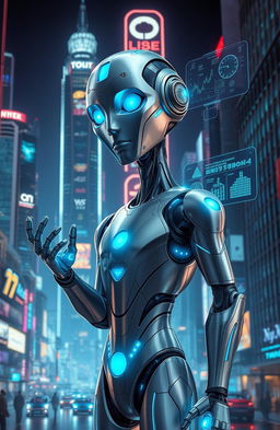 An imaginative concept of artificial intelligence depicted as a futuristic humanoid robot, with elegant, sleek metallic features and glowing blue circuitry, set against a vibrant cyberpunk cityscape at night