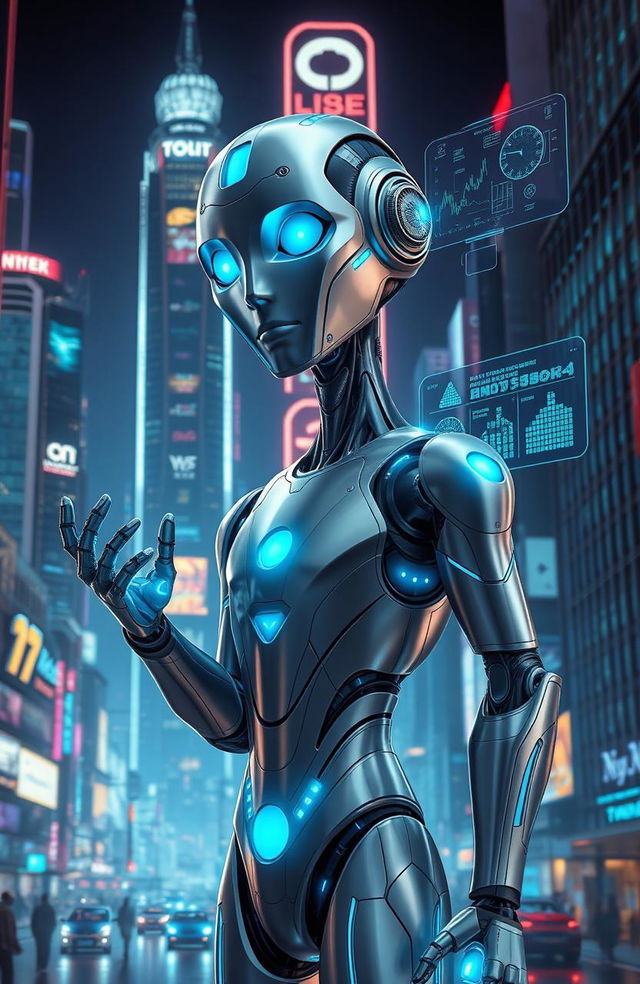 An imaginative concept of artificial intelligence depicted as a futuristic humanoid robot, with elegant, sleek metallic features and glowing blue circuitry, set against a vibrant cyberpunk cityscape at night