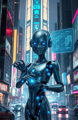 An imaginative concept of artificial intelligence depicted as a futuristic humanoid robot, with elegant, sleek metallic features and glowing blue circuitry, set against a vibrant cyberpunk cityscape at night