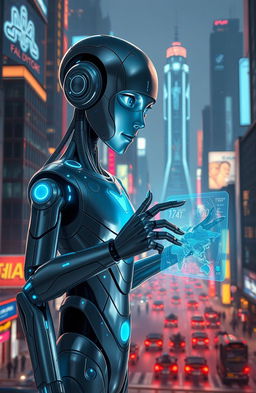 An imaginative concept of artificial intelligence depicted as a futuristic humanoid robot, with elegant, sleek metallic features and glowing blue circuitry, set against a vibrant cyberpunk cityscape at night