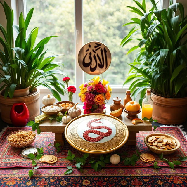 A beautifully arranged Haft Sin table decorated for the ancient Iranian festival, celebrating the Year of the Snake