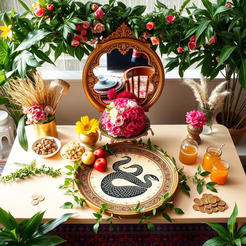 A beautifully arranged Haft Sin table decorated for the ancient Iranian festival, celebrating the Year of the Snake