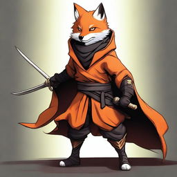 This is a high-quality digital art image featuring a ninja fox in an orange and black cloak and armor