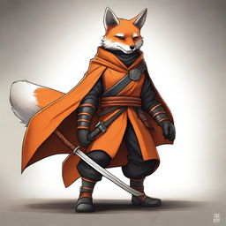 This is a high-quality digital art image featuring a ninja fox in an orange and black cloak and armor