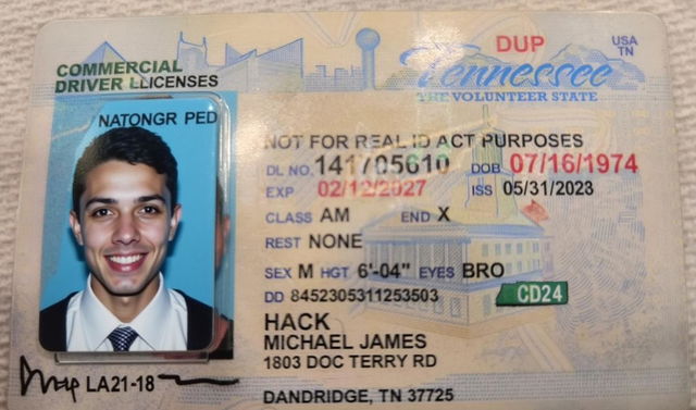A realistic-looking commercial driver's license from the state of Tennessee