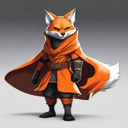 This is a high-quality digital art image featuring a ninja fox in an orange and black cloak and armor