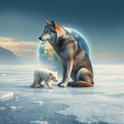 A surreal scene depicting a gray wolf majestically sitting on a frozen lake, looking contemplative