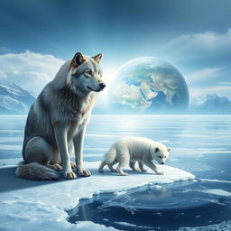 A surreal scene depicting a gray wolf majestically sitting on a frozen lake, looking contemplative