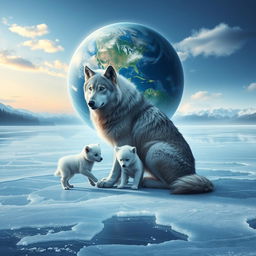 A surreal scene depicting a gray wolf majestically sitting on a frozen lake, looking contemplative
