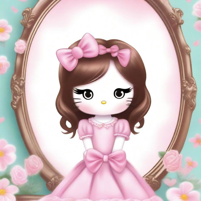 A high-quality digital art illustration featuring Hello Kitty with brown long hair, subtly highlighted, and a pink bow