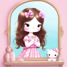 A high-quality digital art illustration featuring Hello Kitty with brown long hair, subtly highlighted, and a pink bow