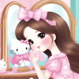 A high-quality digital art illustration featuring Hello Kitty with brown long hair, subtly highlighted, and a pink bow