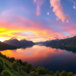A stunning panoramic view of a tranquil lake surrounded by majestic mountains during sunset