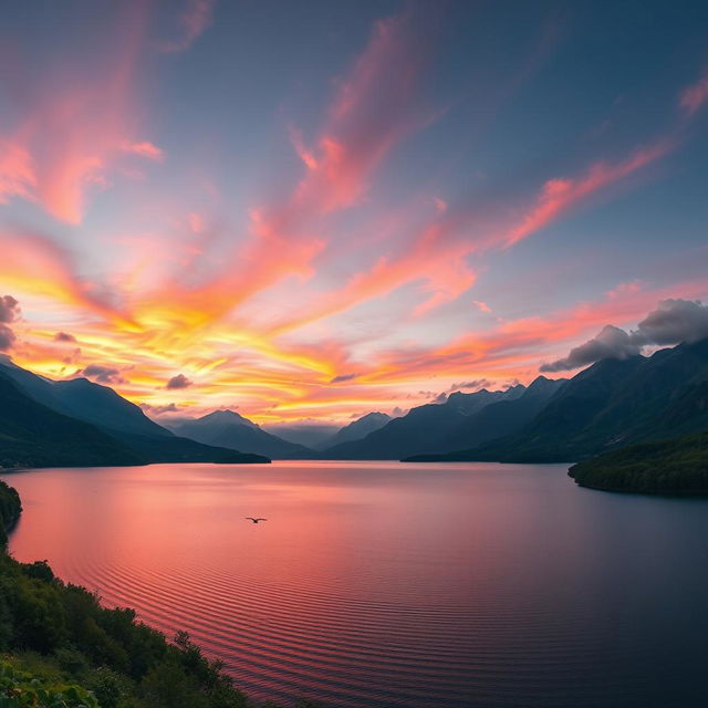 A stunning panoramic view of a tranquil lake surrounded by majestic mountains during sunset