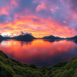 A stunning panoramic view of a tranquil lake surrounded by majestic mountains during sunset