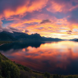 A stunning panoramic view of a tranquil lake surrounded by majestic mountains during sunset