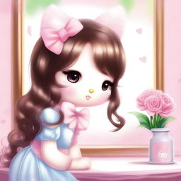 A high-quality digital art illustration featuring Hello Kitty with brown long hair, subtly highlighted, and a pink bow