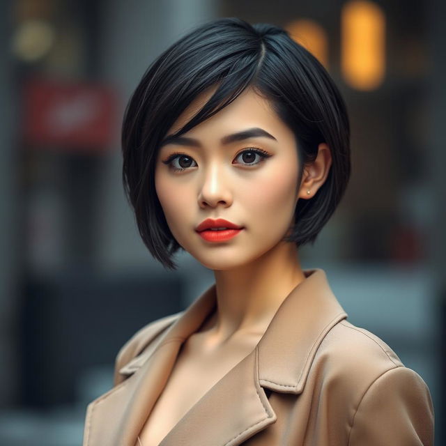 A 27-year-old woman with short black hair and striking black eyes
