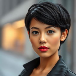 A 27-year-old woman with short black hair and striking black eyes