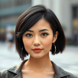 A 27-year-old woman with short black hair and striking black eyes
