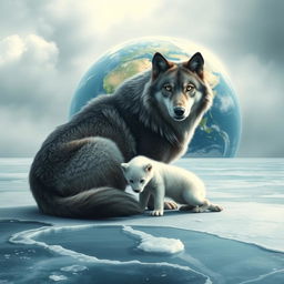 A surreal and imaginative scene of a majestic gray wolf sitting gracefully on a vast frozen lake