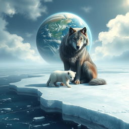 A surreal and imaginative scene of a majestic gray wolf sitting gracefully on a vast frozen lake
