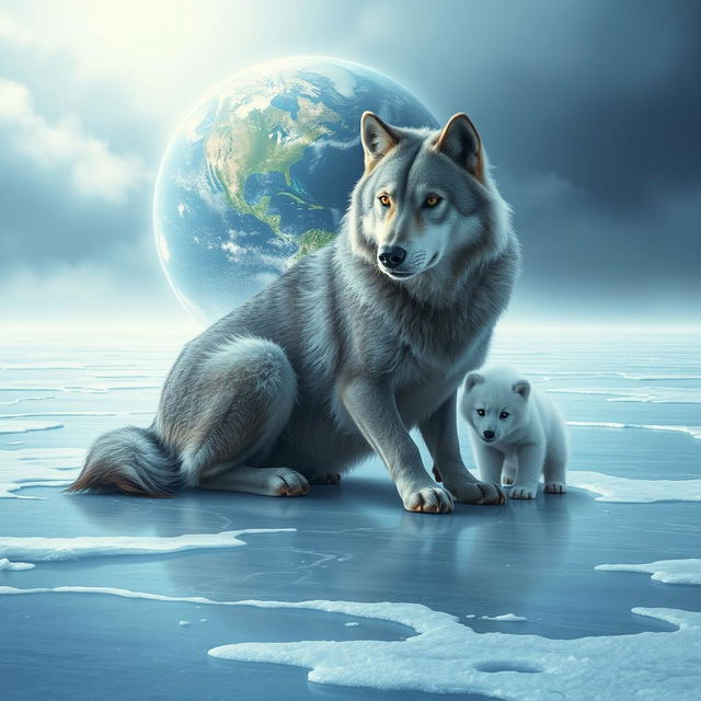 A surreal and imaginative scene of a majestic gray wolf sitting gracefully on a vast frozen lake