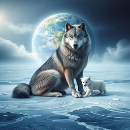 A surreal and imaginative scene of a majestic gray wolf sitting gracefully on a vast frozen lake