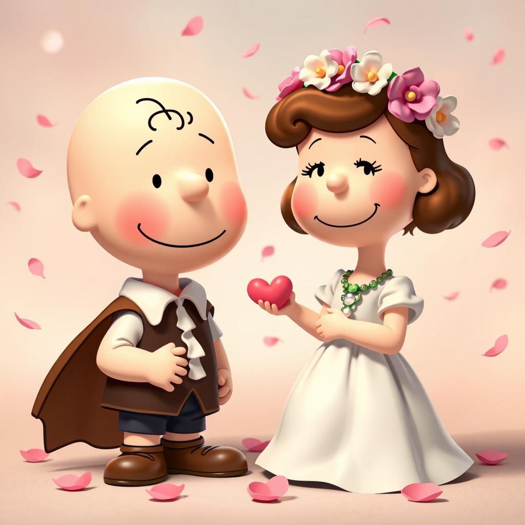 Characters from the Peanuts comic strip, such as Charlie Brown and Lucy, are playfully transformed into Romeo and Juliet