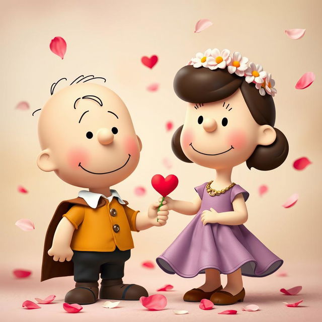 Characters from the Peanuts comic strip, such as Charlie Brown and Lucy, are playfully transformed into Romeo and Juliet