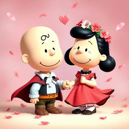Characters from the Peanuts comic strip, such as Charlie Brown and Lucy, are playfully transformed into Romeo and Juliet