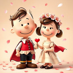 Characters from the Peanuts comic strip, such as Charlie Brown and Lucy, are playfully transformed into Romeo and Juliet