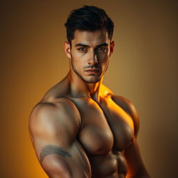 A captivating nude portrait of a muscular man with a chiselled physique, showcasing his strong jawline and confident posture
