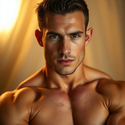A captivating nude portrait of a muscular man with a chiselled physique, showcasing his strong jawline and confident posture