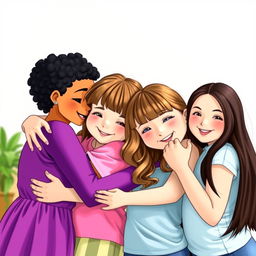 A warm and joyful scene featuring four girls in a heartfelt hug