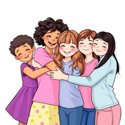 A warm and joyful scene featuring four girls in a heartfelt hug